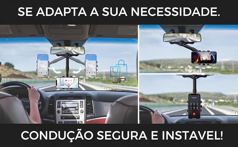 Pessoa dirigindo em uma estrada com seu carro e um suporte de retrovisor veicular com celular