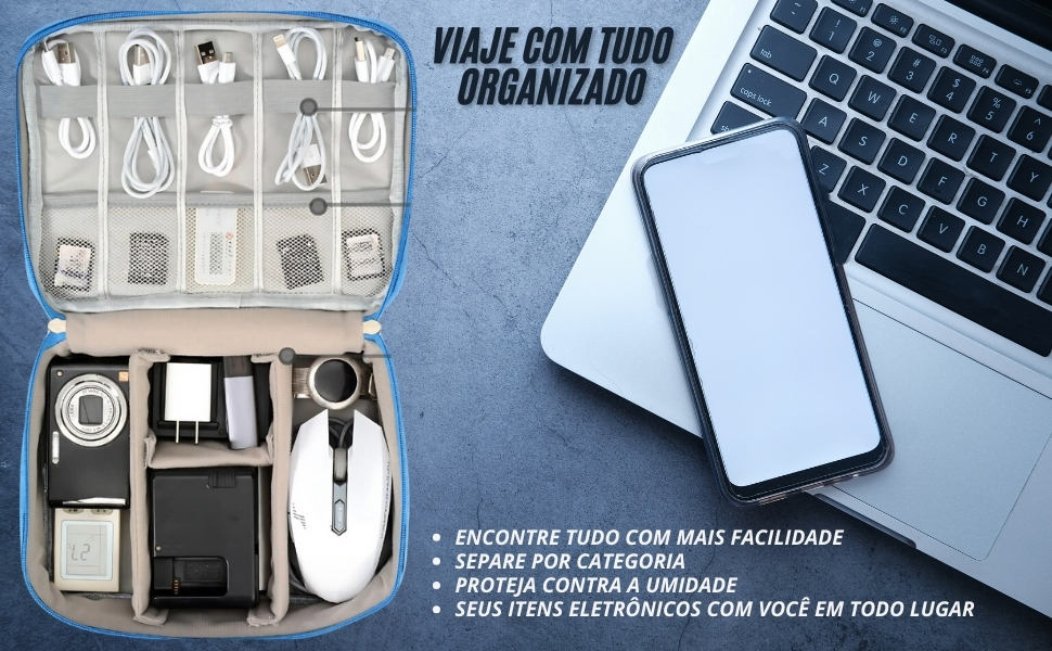 Bolsa nécessaire impermeável organiza cabos e eletrônicos com praticidade e segurança.