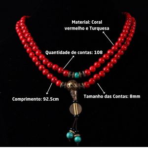 Japamala em coral vermelho e turquesa com 108 contas