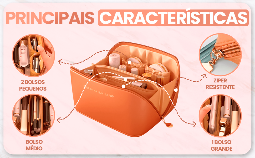 Necessaire Bolsa de Cosméticos Grande Portátil de Luxo Premium em Couro